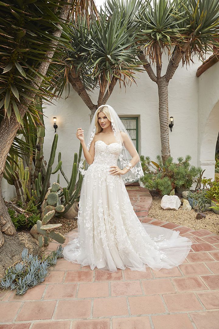 A bride in a wedding dress poses in front of a cactus.